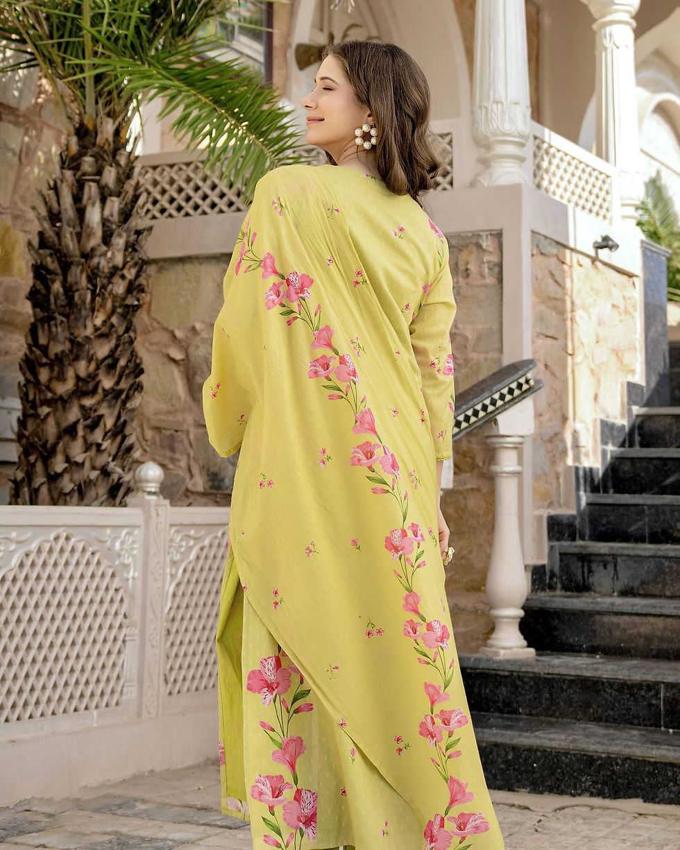 Thumbnail: Women's Chanderi Butti Printed Kurta Set with Chanderi Pant and Dupatta