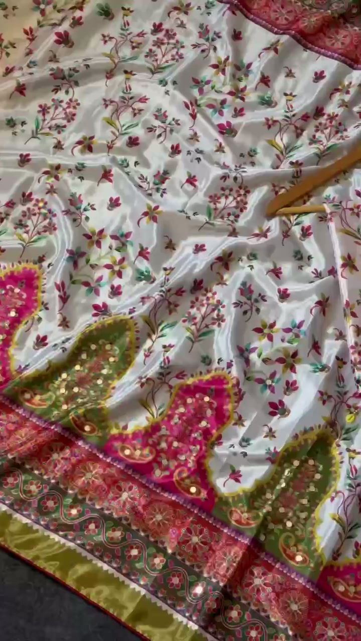 Thumbnail: Women Modal Ultra Silk Crepe Saree with Real Mirror Work and Position Print