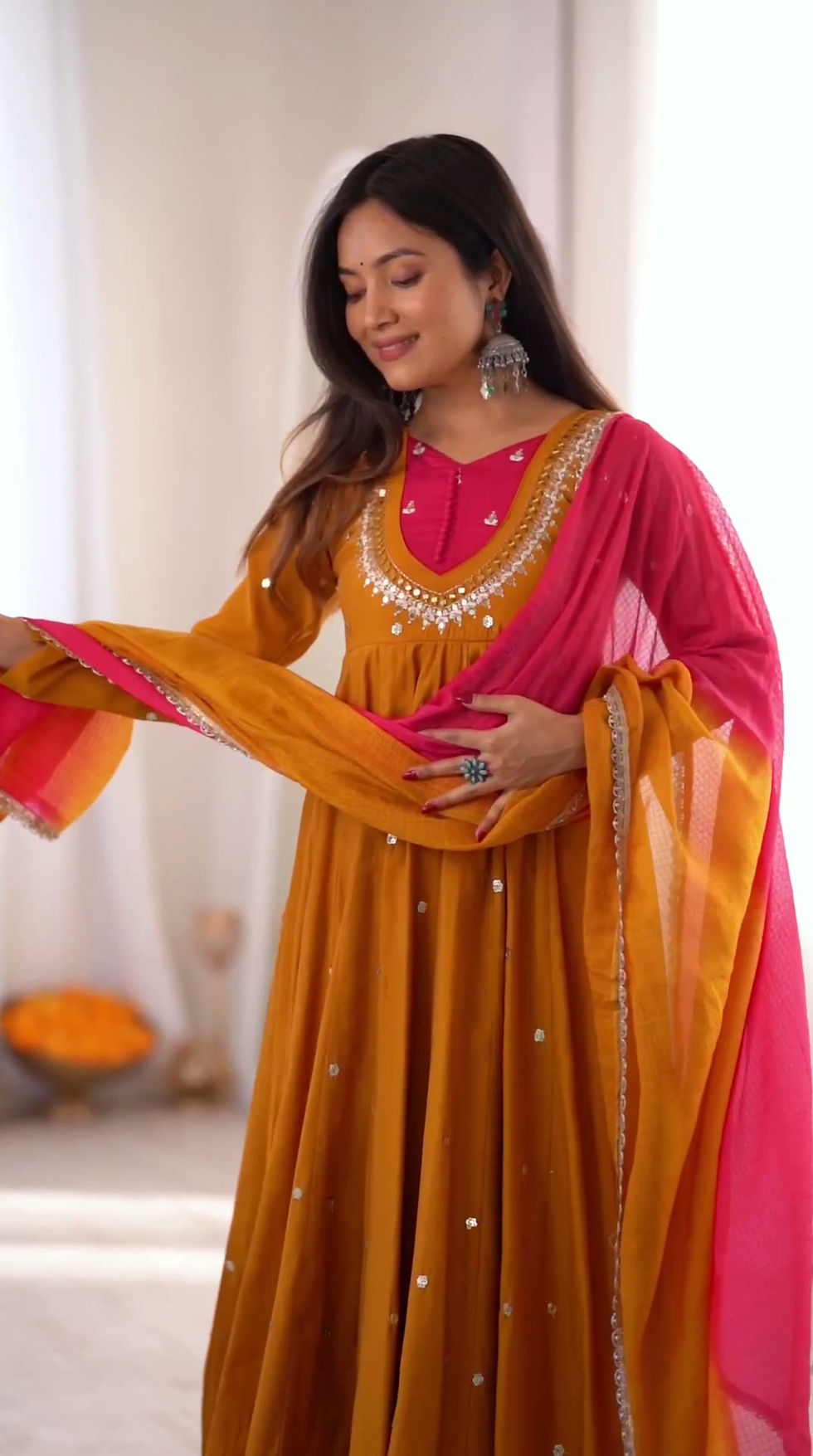 Thumbnail: Roman Silk Embroidered Gown Pant Dupatta Set for Women with Real Mirror Work Fes