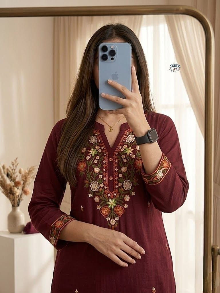 Thumbnail: Rayon Slub Kurti Pant Set Embroidery Work Nazmin Dupatta Ethnic Daily Wear Women
