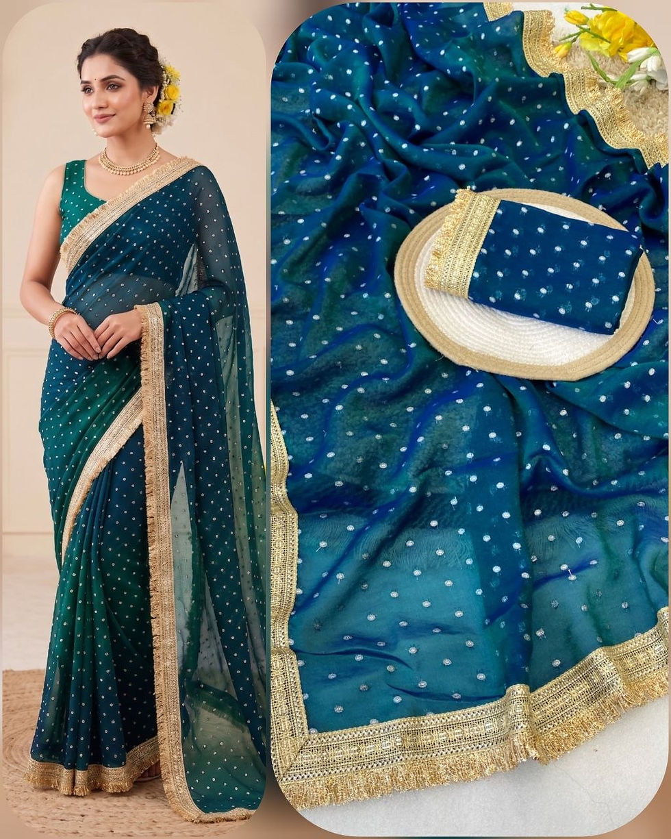 Thumbnail: Women Ultra Soft Moss Fendy Chiffon Saree with Silver Zari Weaving Butti and Fan
