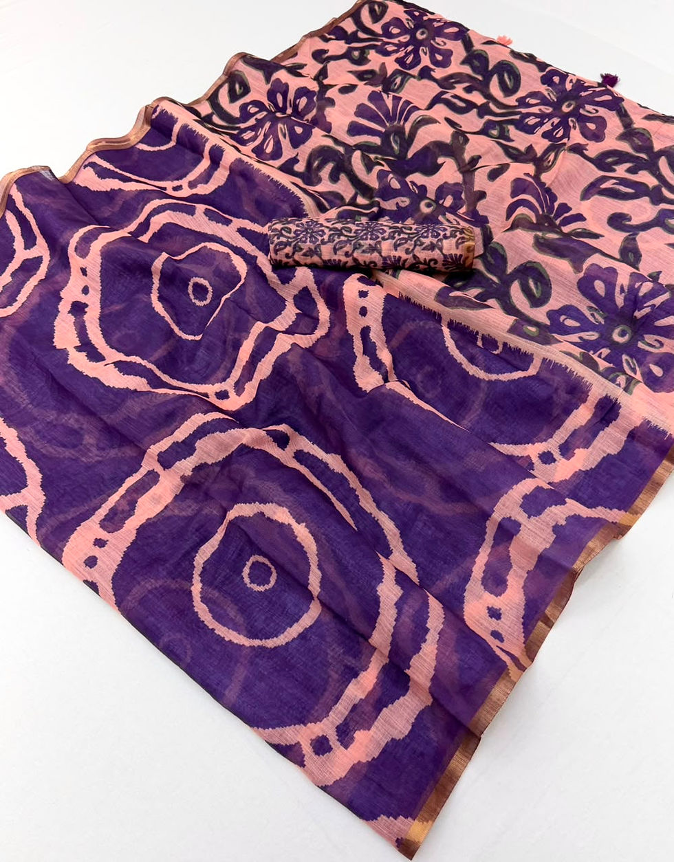 Thumbnail: Kazari Lisha Soft Linen Saree with Zebra Tree Print & Tassels