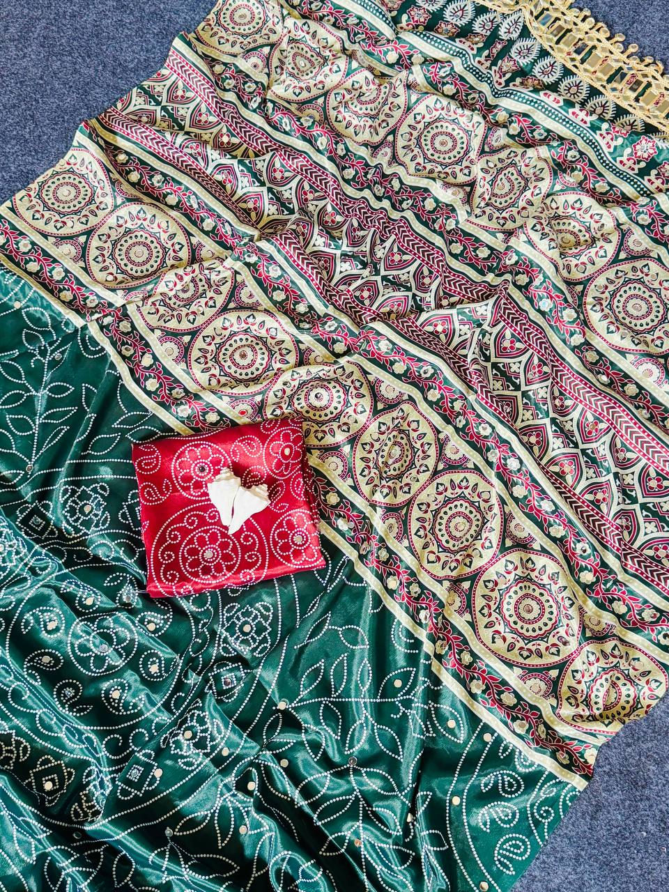 Thumbnail: Women Modal Ultra Satin Silk Ajrakh Print Saree with Real Mirror Work and Design