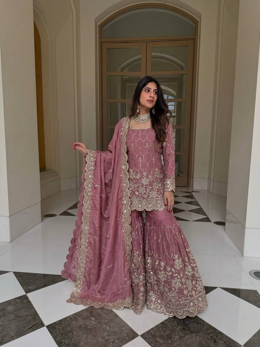 Thumbnail: GMY Silk Sharara Set Mirror Hand Work Women Festive Ethnic Outfit with Dupatta