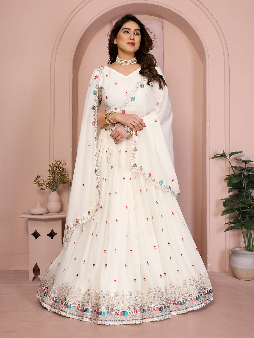 Thumbnail: Women Star Georgette Embroidered Lehenga Choli Set with Cutwork Dupatta Festive