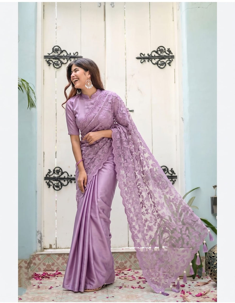 Thumbnail: Lavender Satin Silk Saree with Embroidered Net Pallu