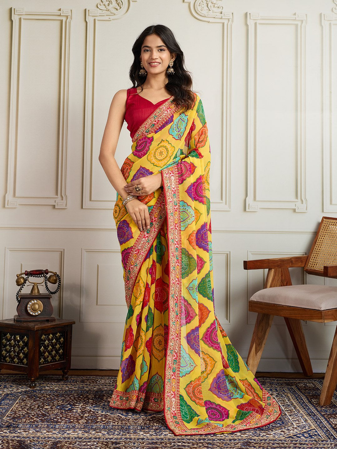Women Georgette Bandhej Print Saree with Embroidery Lace Border