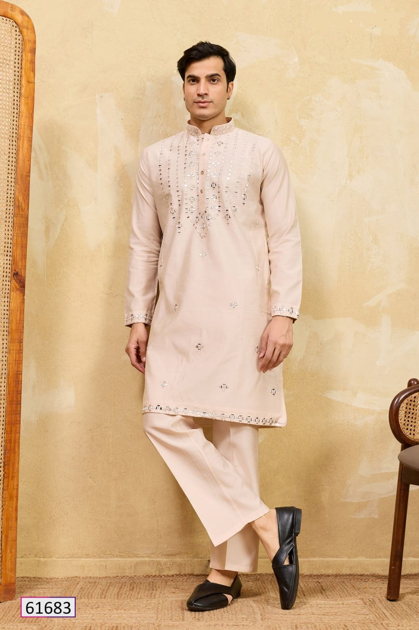 Thumbnail: Mens Mirror Work Kurta Embroidered Festive Wedding Party Wear Ethnic Style