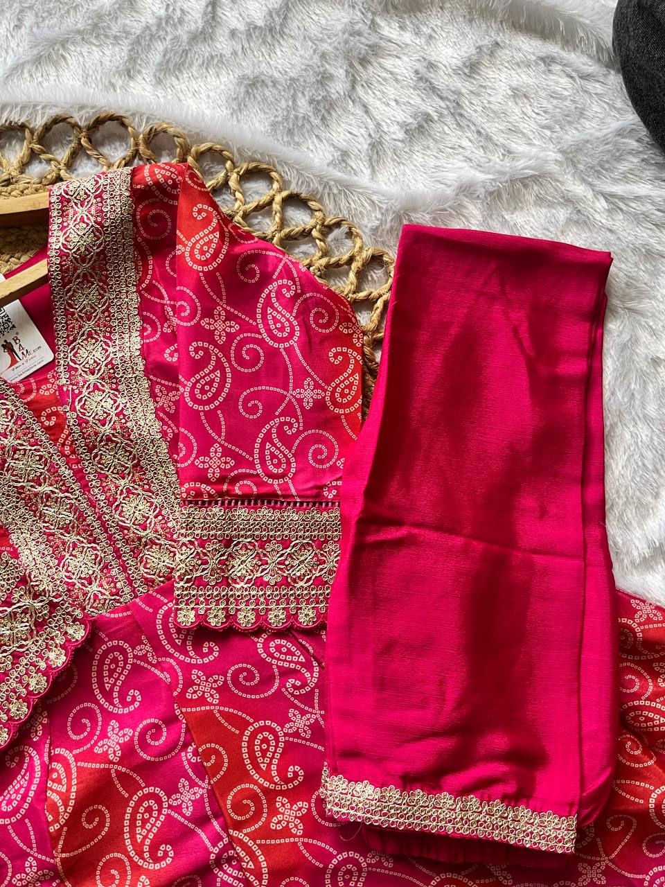 Thumbnail: Women's Rani Pink Printed Kurti Pant Set with Embroidered Organza Dupatta | Prem