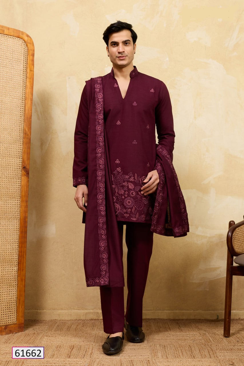 Thumbnail: Men Viscose Silk Embroidered Kurta Pajama Set with Dupatta Wedding Wear