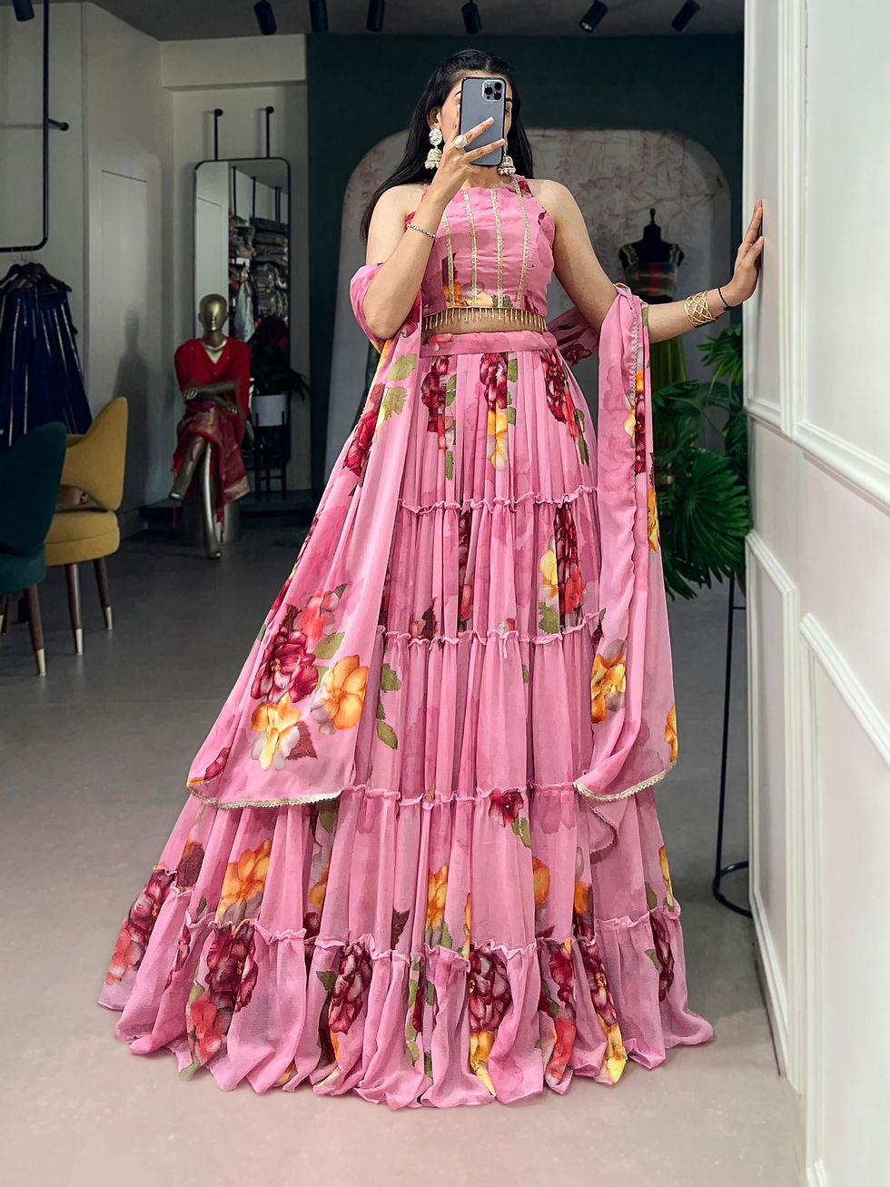 Thumbnail: Women's Floral Print Chiffon Lehenga Choli with Dupatta