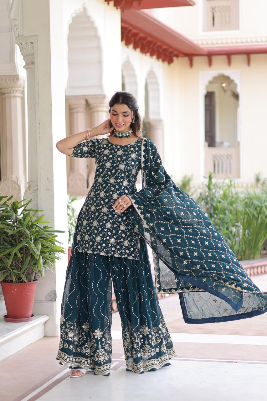 Thumbnail: Faux Georgette Sequins Embroidered Kurti Sharara Dupatta Set for Women