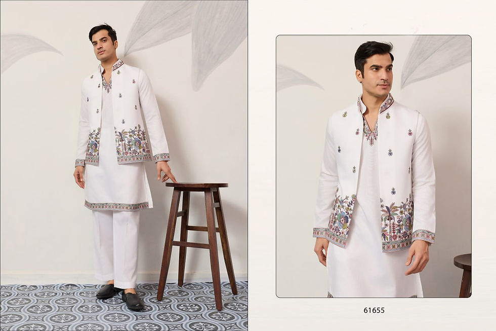 Thumbnail: Men Viscose Silk Thread Sequence Embroidered Kurta Koti Pant Ethnic Set Wear