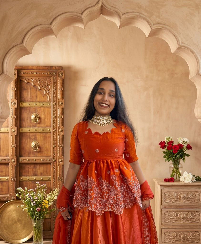 Thumbnail: Space Silk Peplum Lehenga Set with Dupatta Heavy Bead Embroidery Designer Ethnic
