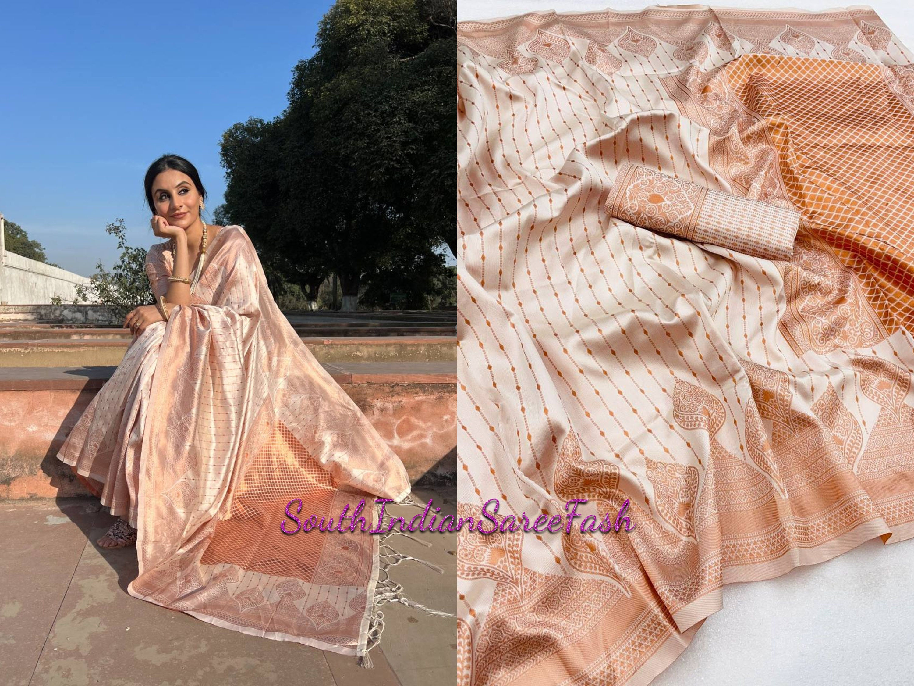 South Indian Traditional White Pure Lichi Silk Saree with Copper Zari Weaving Wo