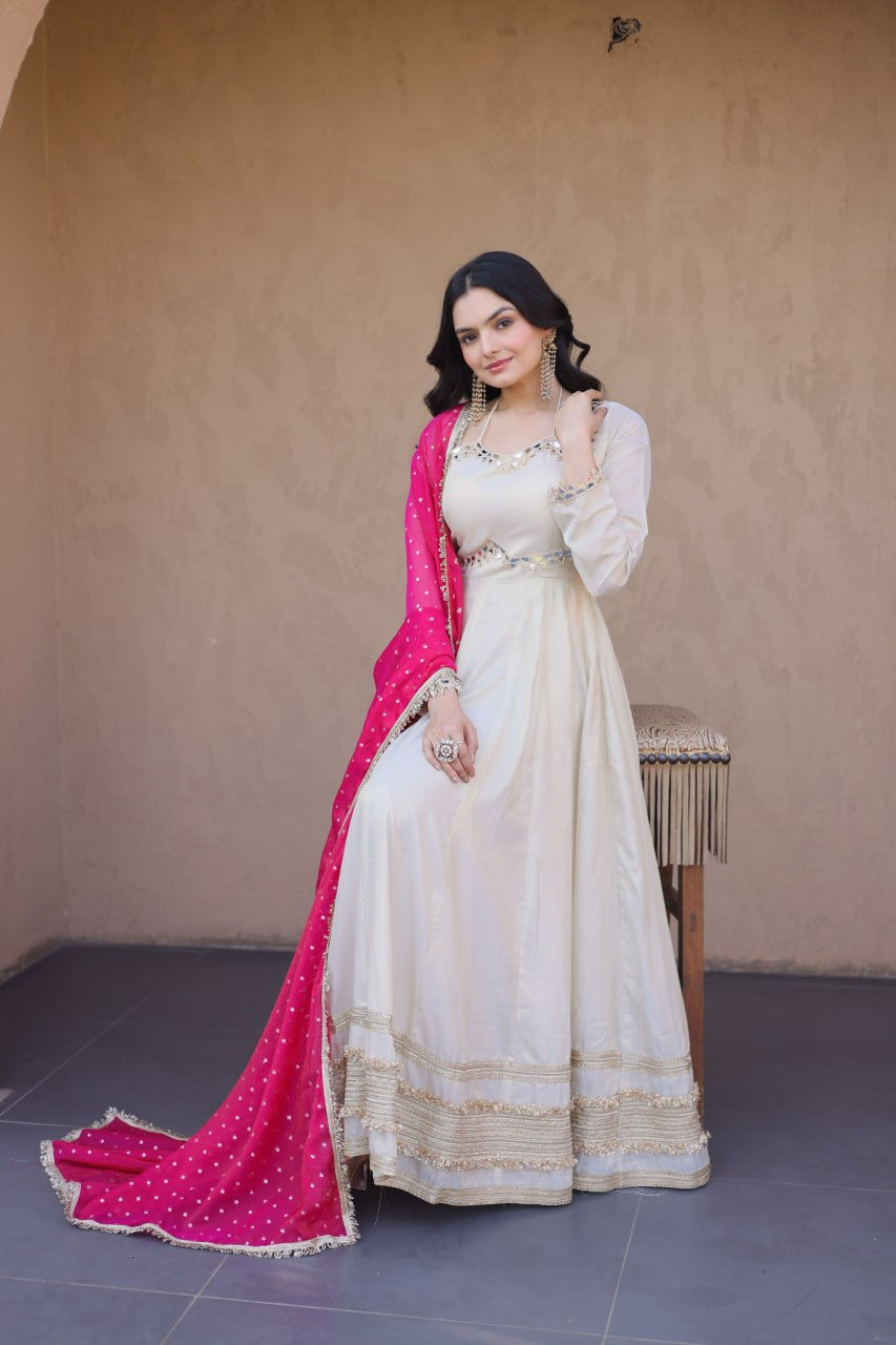 Thumbnail: Cosmos Mirror Work Anarkali Gown Zari Embroidery Dupatta Festive Wedding Party