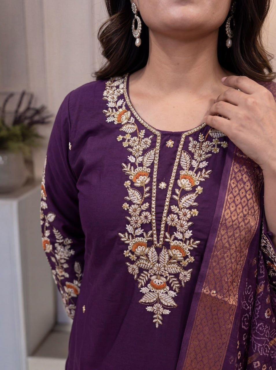 Thumbnail: Women's Cotton Blend Kurta Pant Set with Jacquard Printed Dupatta
