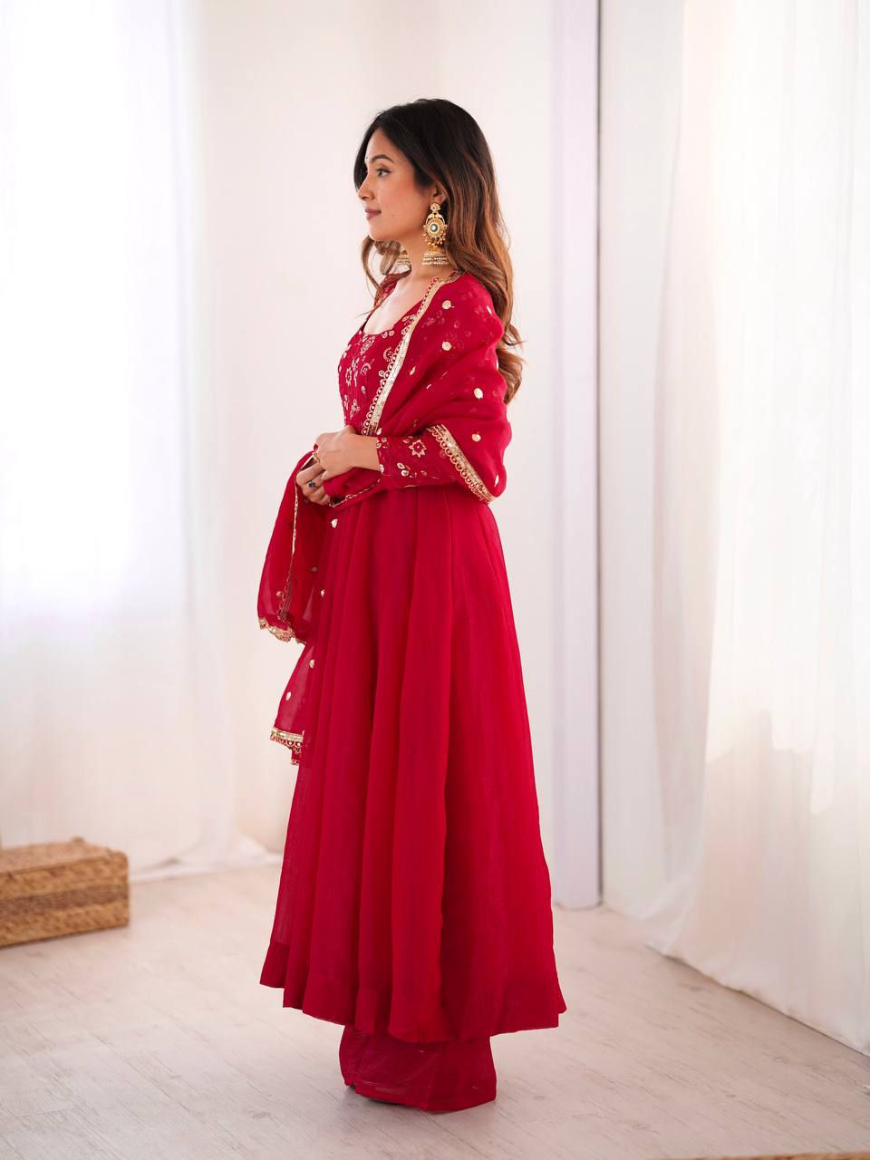 Thumbnail: Crunchy Silk Gown Pant Set Embroidery Lace Border Dupatta Festive Wedding Party