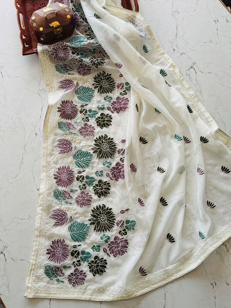 Thumbnail: Women Pure Soft Tabby Organza Saree with Heavy Multi Thread Panel Work
