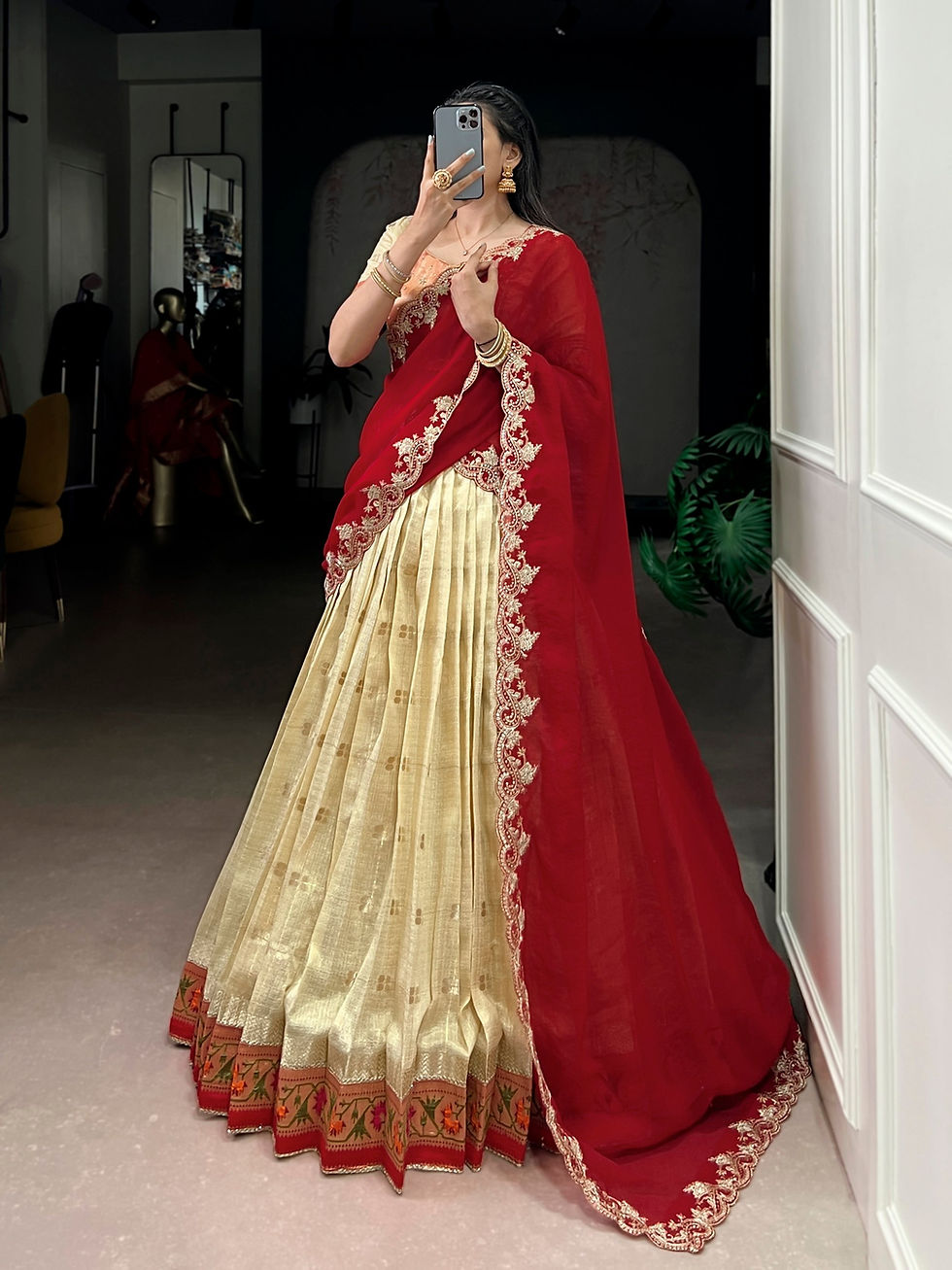 Thumbnail: Slub Kota Paithani Lehenga Choli Set with Embroidered Dupatta Festive Wear for W