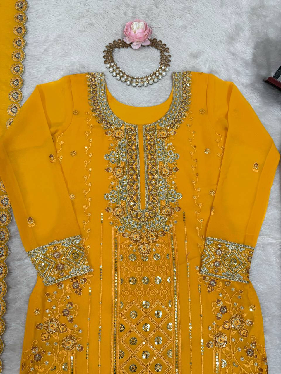 Thumbnail: Faux Georgette Plazo Set Thread Sequins Work Women Festive Ethnic Outfit