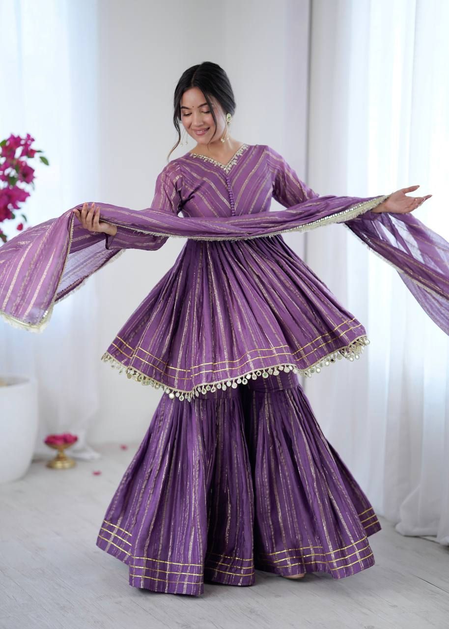 Thumbnail: Women Mal Chanderi Mirror Work Sharara Palazzo Suit Set with Dupatta