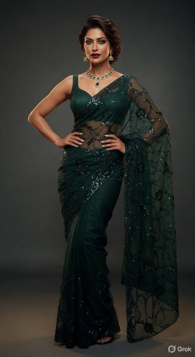 Thumbnail: Heavy Sequin Saree Export Quality Designer Party Wear Mulberry Silk Blouse Women