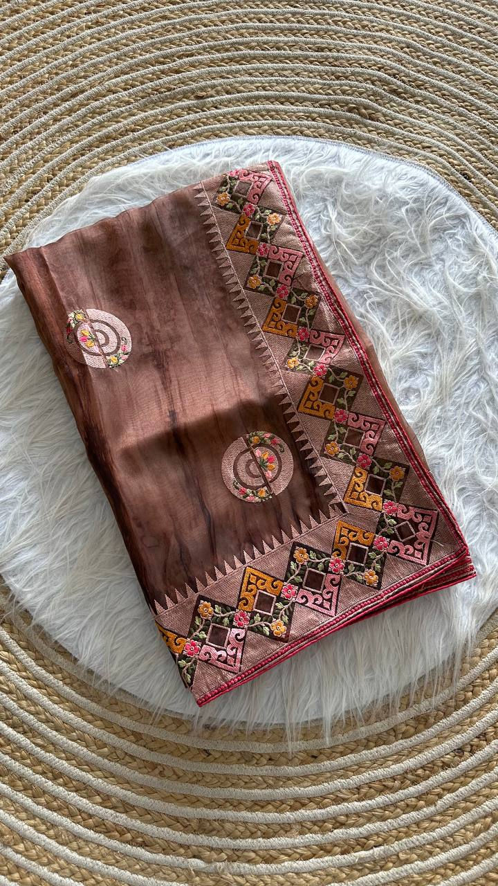 Thumbnail: Women Organza Silk Saree with Structured Print and Embroidered Work