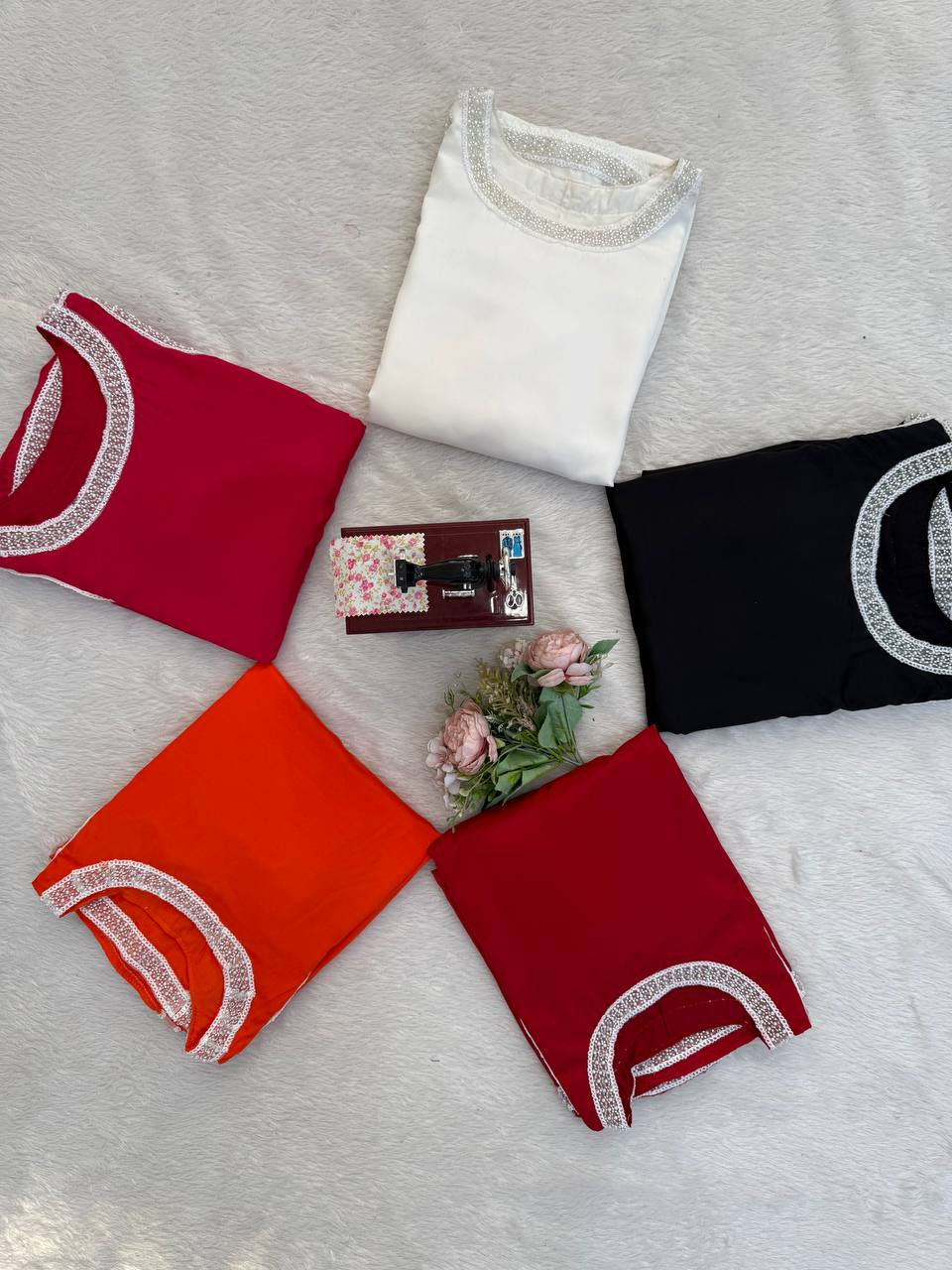 Thumbnail: Natural Crepe Kurti Palazzo Set with Organza Dupatta Beads Lace Border Designer