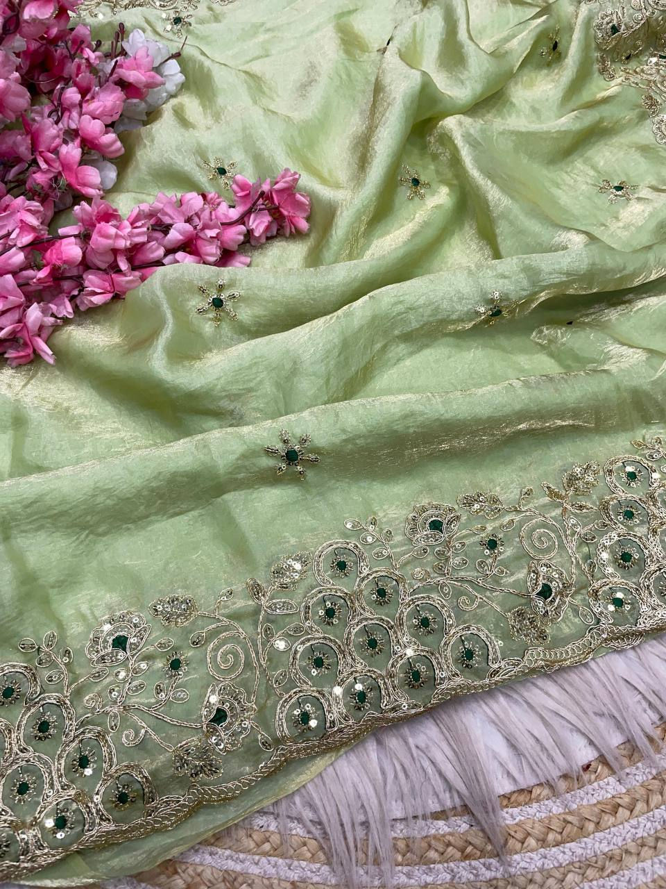 Thumbnail: Fendy Satin Silk Saree with Sequins Embroidery Designer Saree Set