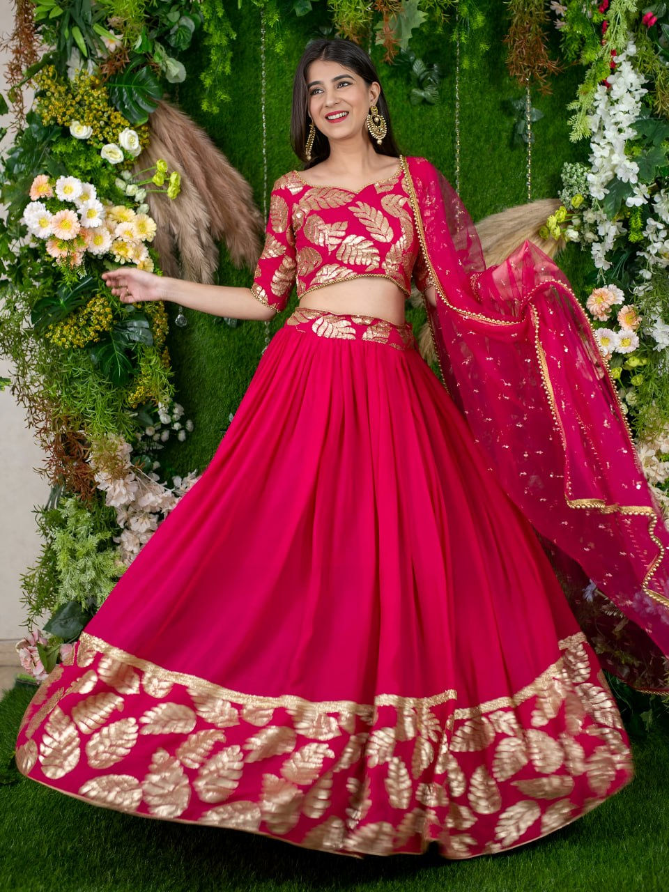Georgette A-Line Lehenga Choli Set with Net Dupatta Sequins Zari Embroidery Pear