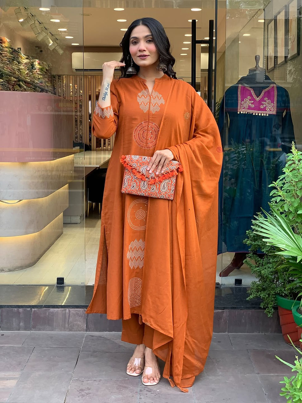 Thumbnail: Chanderi Embroidered Kurti Pant Set with Chinon Dupatta for Festive Wear