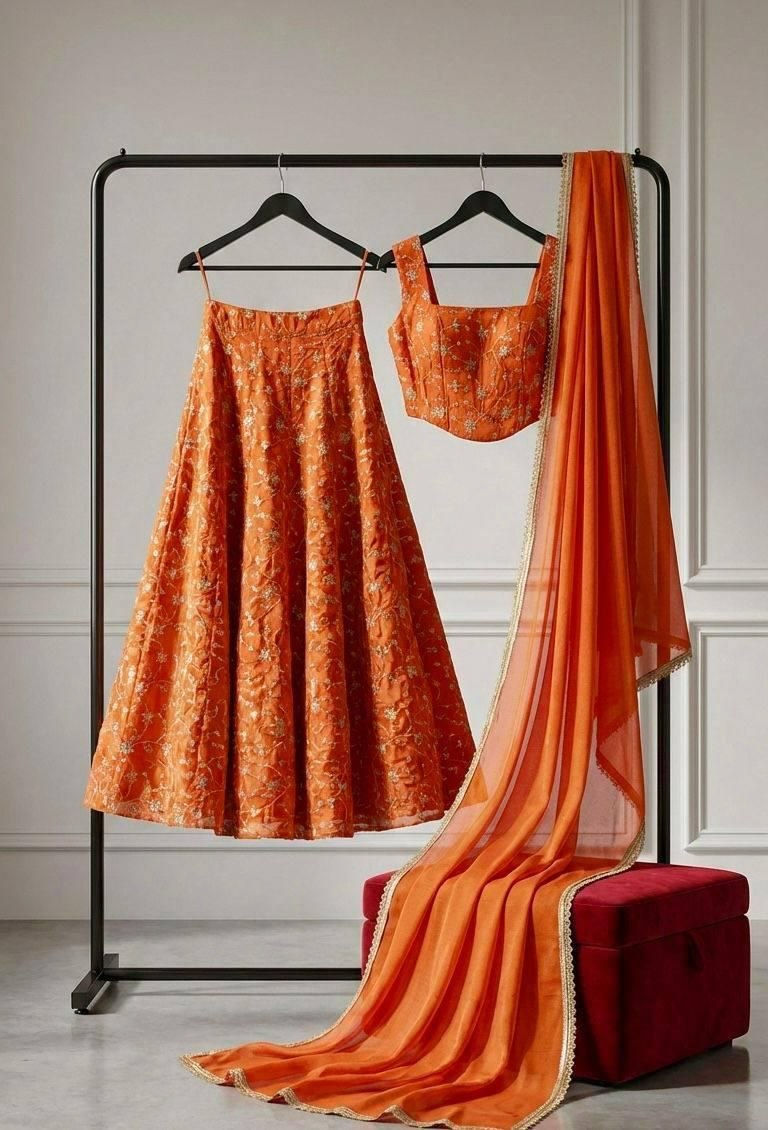 Thumbnail: Chinon Silk 14 Kali Lehenga Set with Corset Blouse Embroidered Dupatta Designer