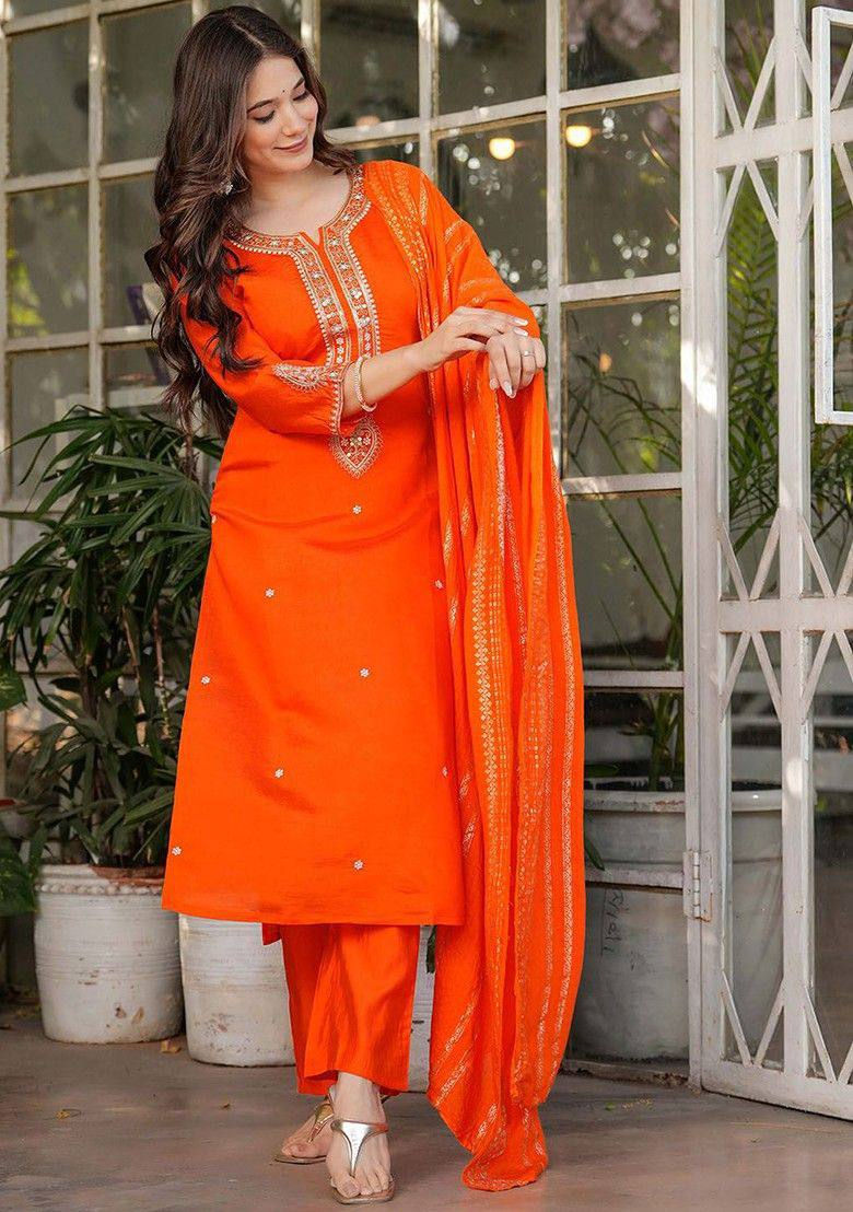 Thumbnail: Viscose Chanderi Kurti Pant Set Zari Dori Sequins Jacquard Dupatta Festive Wear