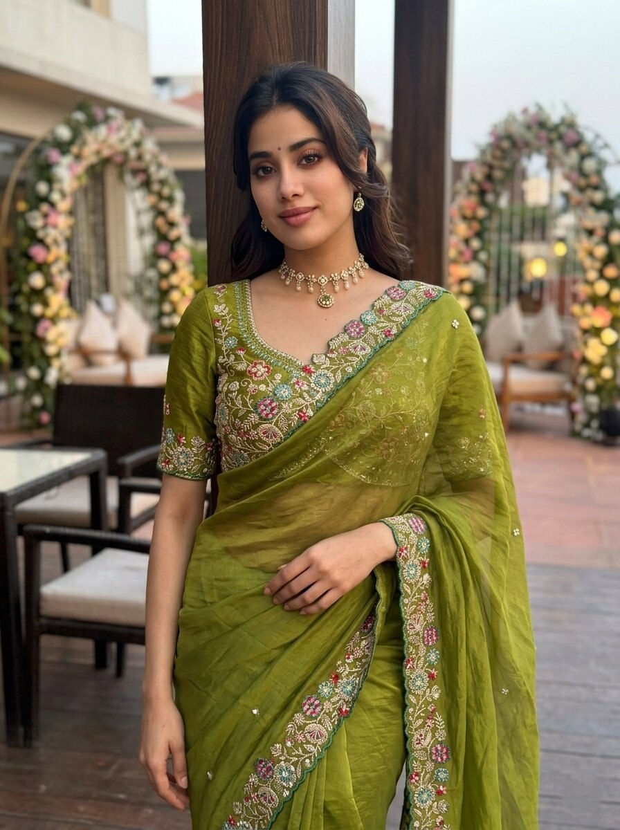 Thumbnail: Fendy Satin Silk Embroidered Saree with Cutwork Border