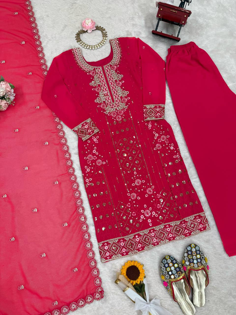 Thumbnail: Faux Georgette Plazo Set Thread Sequins Work Women Festive Ethnic Outfit