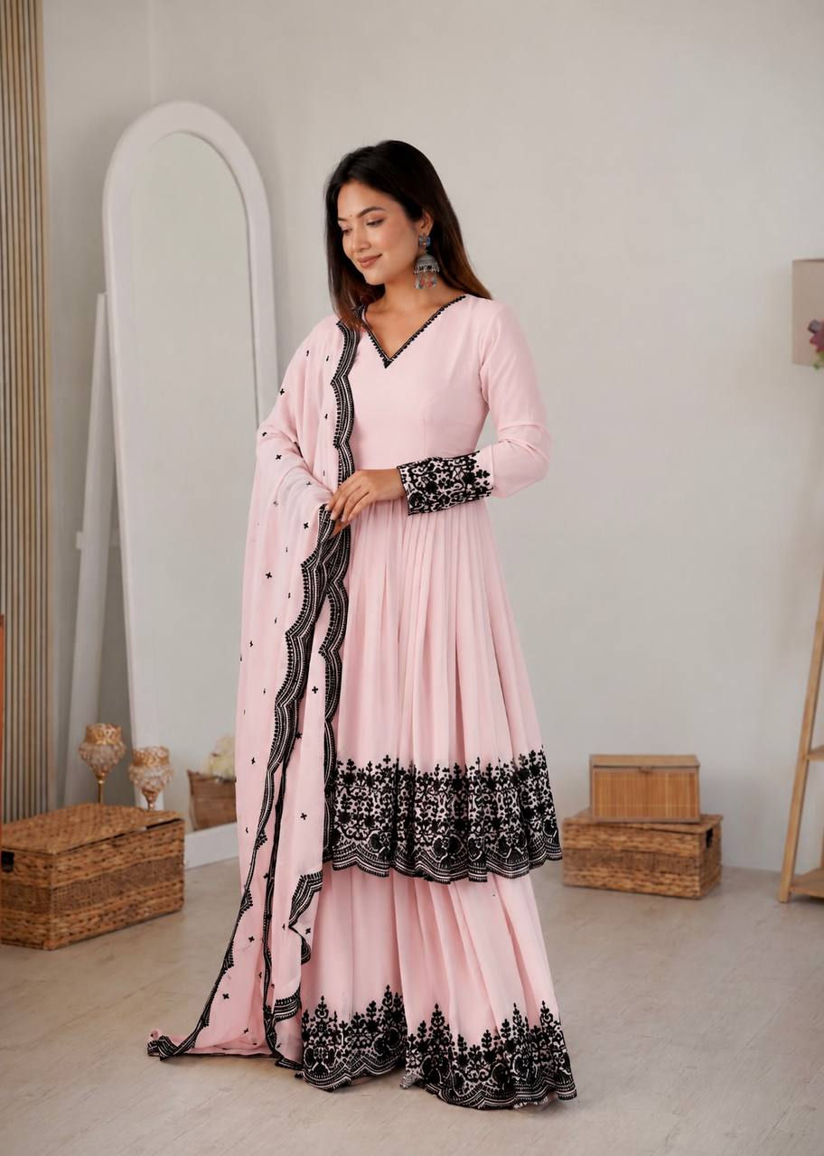 Thumbnail: Premium Faux Georgette Embroidered Suit Set with Palazzo & Dupatta | Ready to We