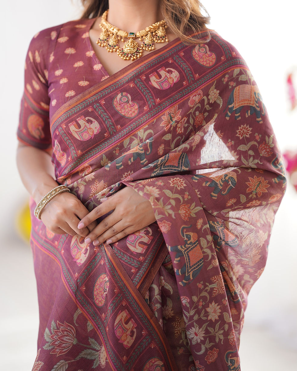 Thumbnail: Women Pure Handloom Cotton Saree with Elephant Motifs and Heritage Designer Pall