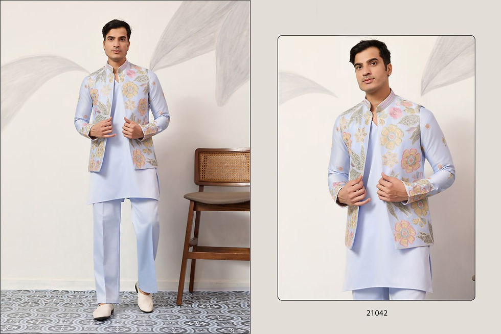 Thumbnail: Men Satin Silk Thread Sequence Embroidered Jacket Kurta Set Wear
