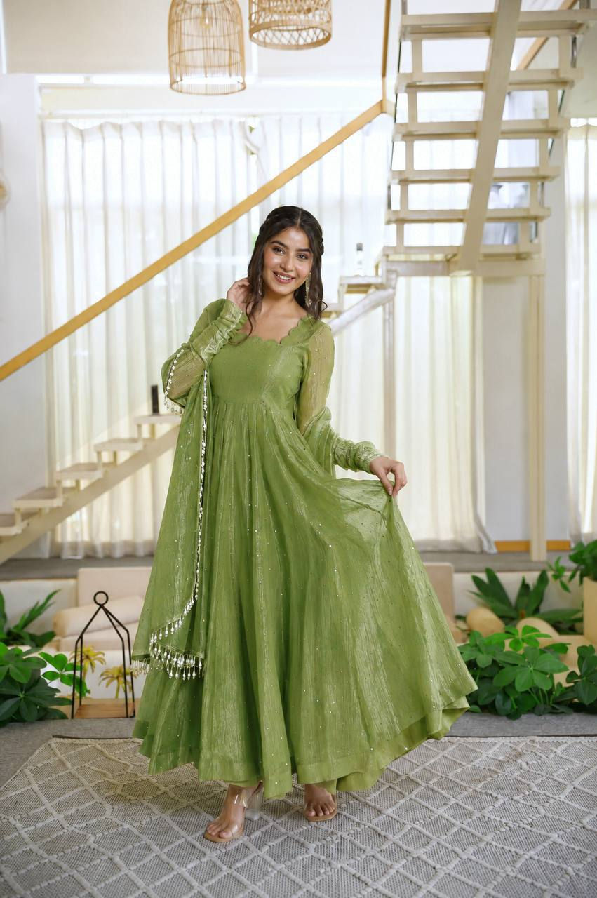 Thumbnail: Crush Foil Work Anarkali Suit Set with Micro Crap Cotton Pant & Slasa Silk Dupat