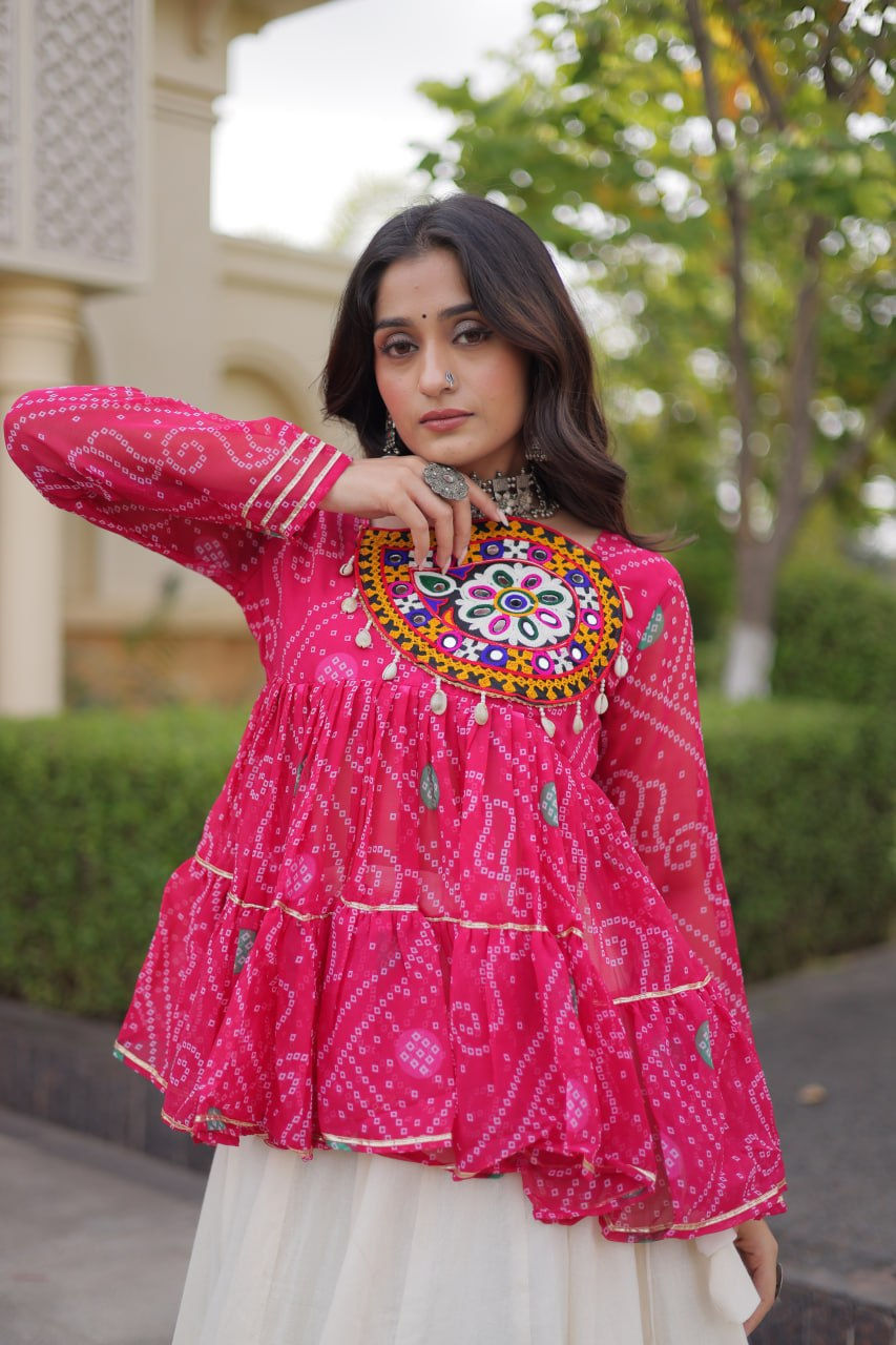 Thumbnail: Women's Kora Cotton Lehenga Top Set with Gota Lace & Kutchi Gamthi Patchwork