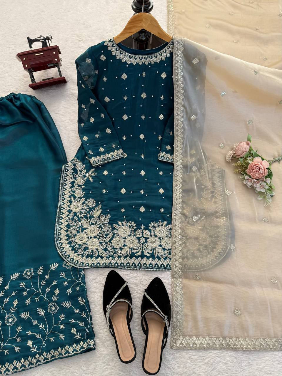 Thumbnail: Designer GMY Silk Palazzo Suit Set with Dupatta Thread Sequins Pearl Work Ethnic