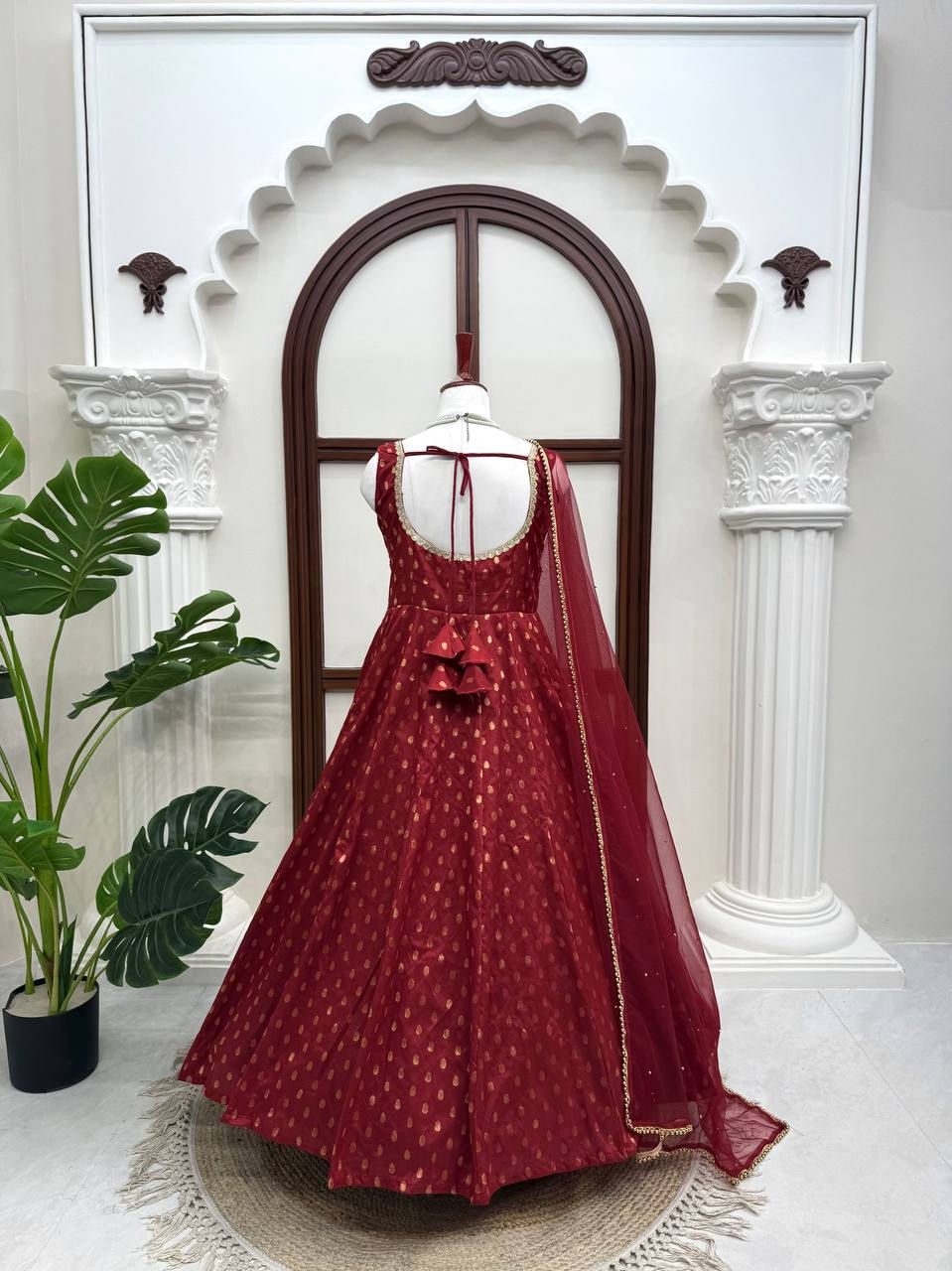 Thumbnail: Chanderi Jacquard Butti Anarkali Suit Set with Net Dupatta for Women Festive Eth