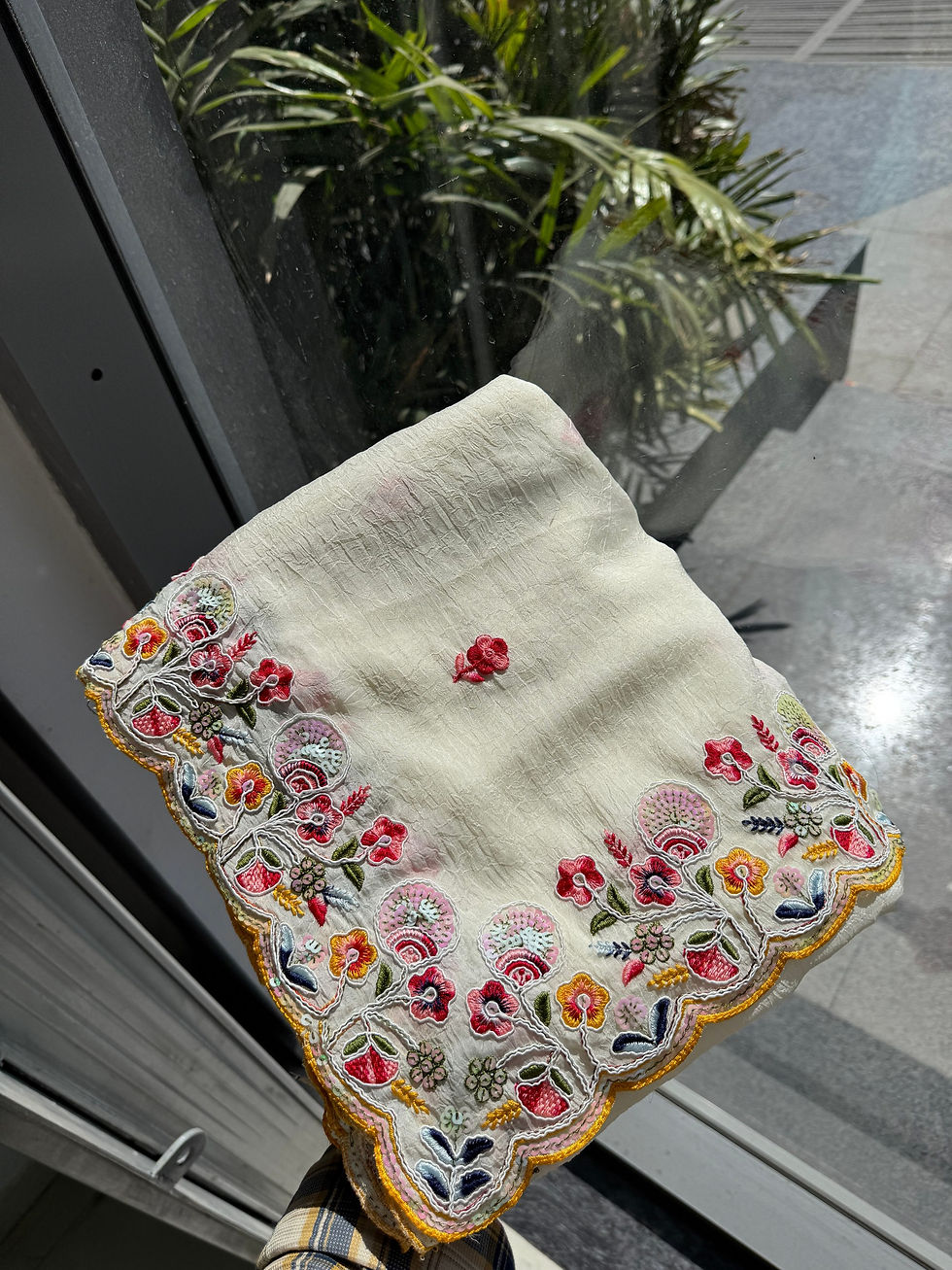 Thumbnail: Women Soft Crush Silk Saree with Embroidered Butta Work and Cutwork Border