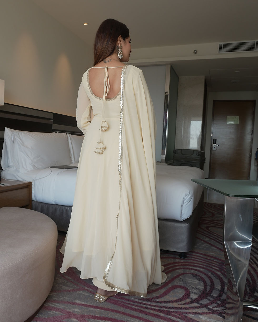 Thumbnail: Georgette Embroidered Suit Set with Viscose Bottom and Dupatta for Women Festive