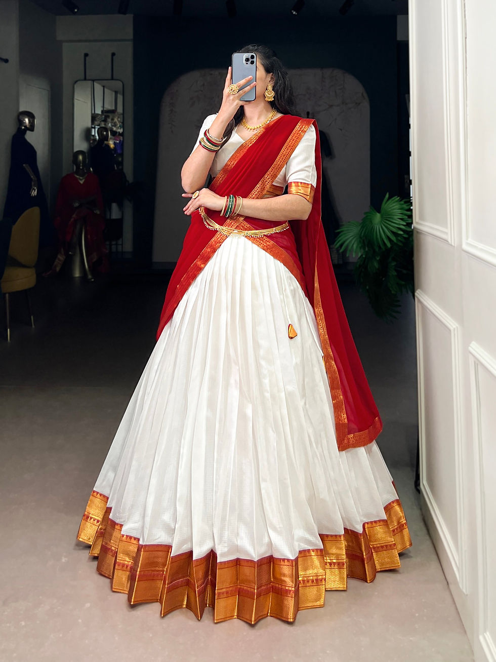 Thumbnail: Zari Weaving Poly Cotton Half Saree Lehenga Blouse Dupatta Set for Wedding & Fes