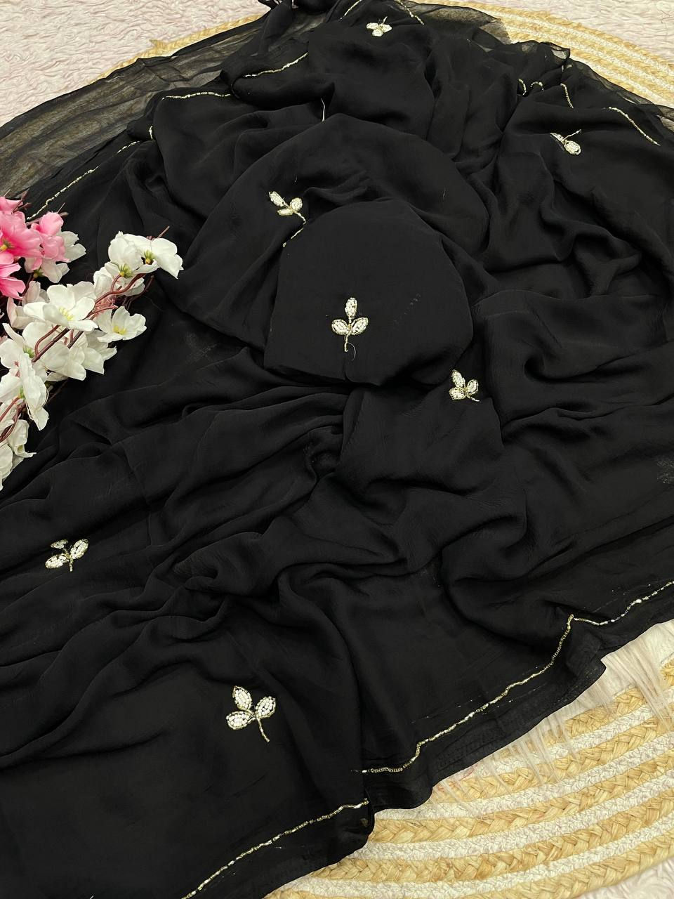 Pure Soft Nazbin Chiffon Saree with Cutdana Work Party Wear Saree