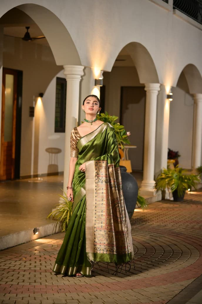 Thumbnail: Khadi Raw Silk Saree with Bandhani Butti & Elephant Border