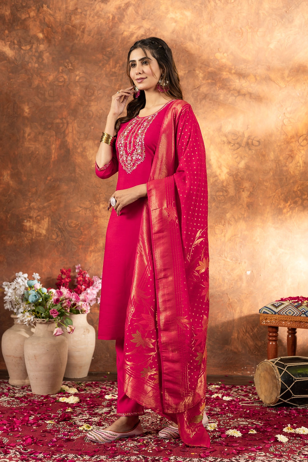 Thumbnail: Casual Hand Embroidered Kurti Suit – Viscose 3 Piece Set with Dupatta & Pants