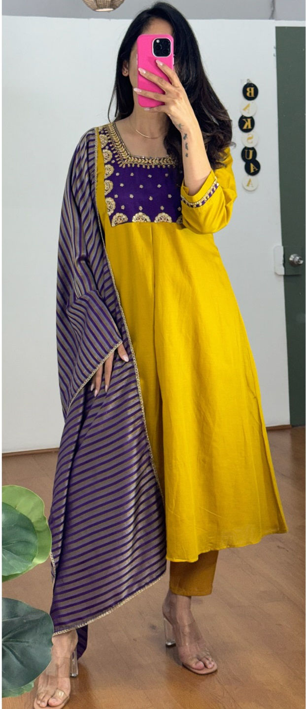 Thumbnail: Embroidered PV Chanderi Kurti Pant Set with Dupatta Festive Ethnic Wear
